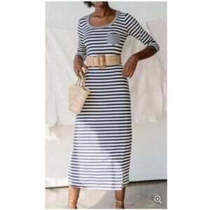 Sonnet James A Play Dress Womens Size S 3/4 Sleeve Striped Dress Navy Grey White